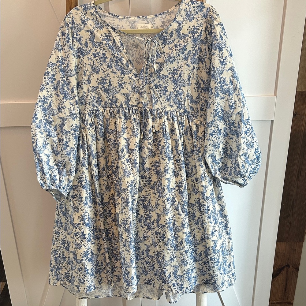 Blue Floral Long Sleeve Babydoll Dress